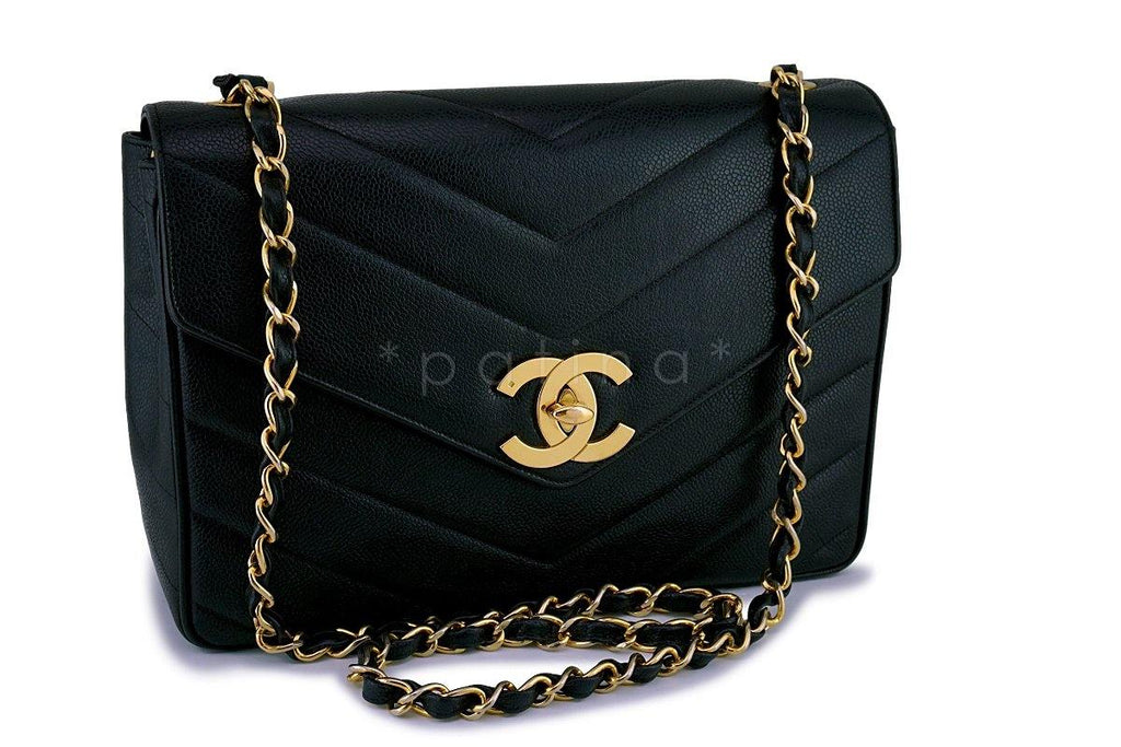Chanel Vintage Black Caviar Chevron Jumbo Flap Bag