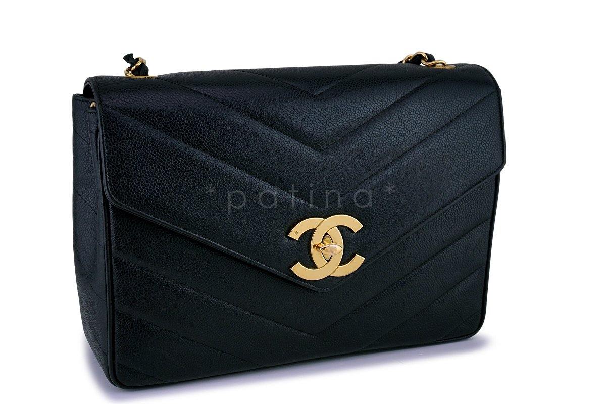 Chanel Vintage Black Caviar Chevron Jumbo Flap Bag