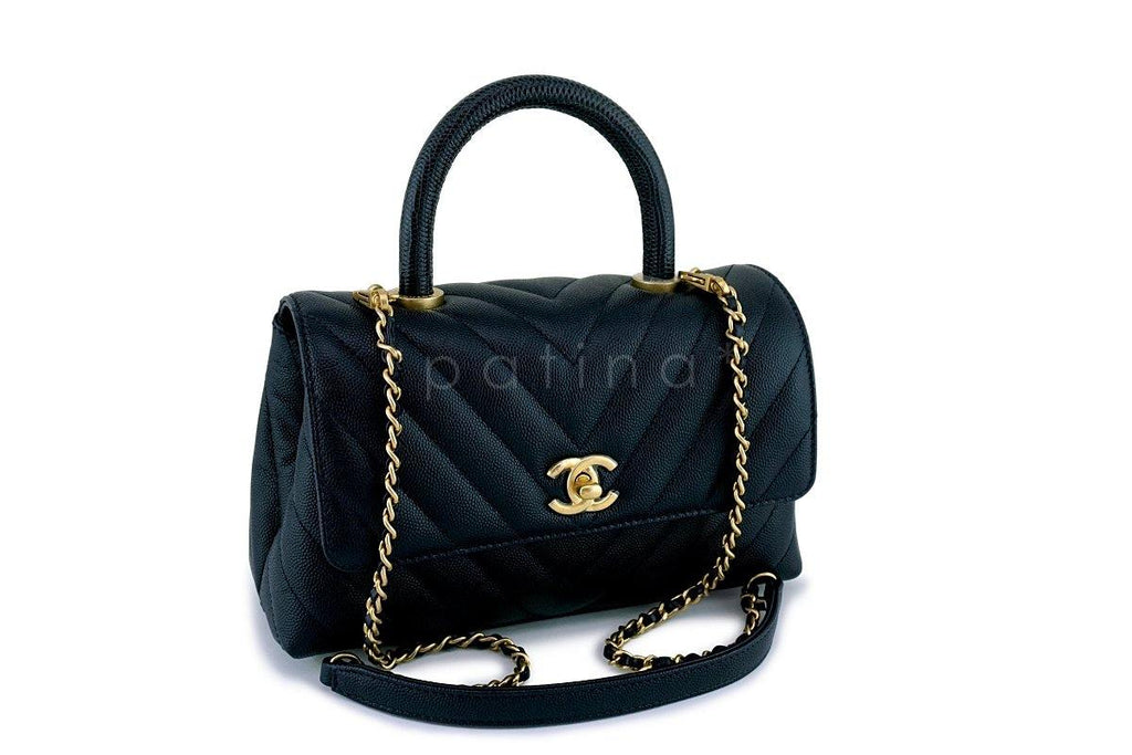 New 18A Chanel Navy Chevron Caviar Coco Lizard Handle Flap Bag