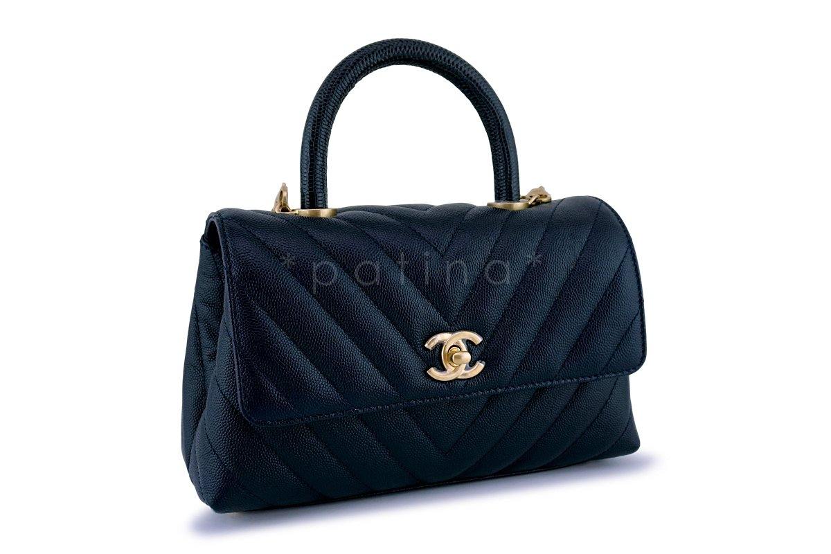 New 18A Chanel Navy Chevron Caviar Coco Lizard Handle Flap Bag