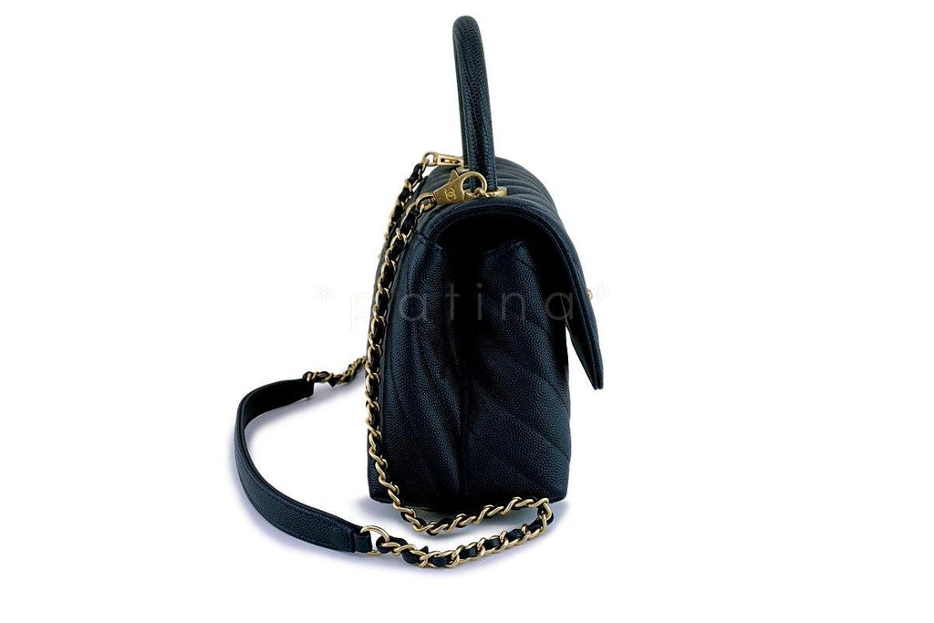 New 18A Chanel Navy Chevron Caviar Coco Lizard Handle Flap Bag