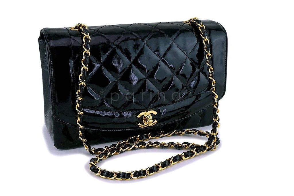 Chanel Vintage Black Patent Medium Classic Diana Flap Bag 24k GHW