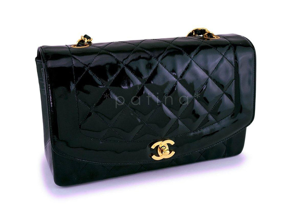 Chanel Vintage Black Patent Medium Classic Diana Flap Bag 24k GHW