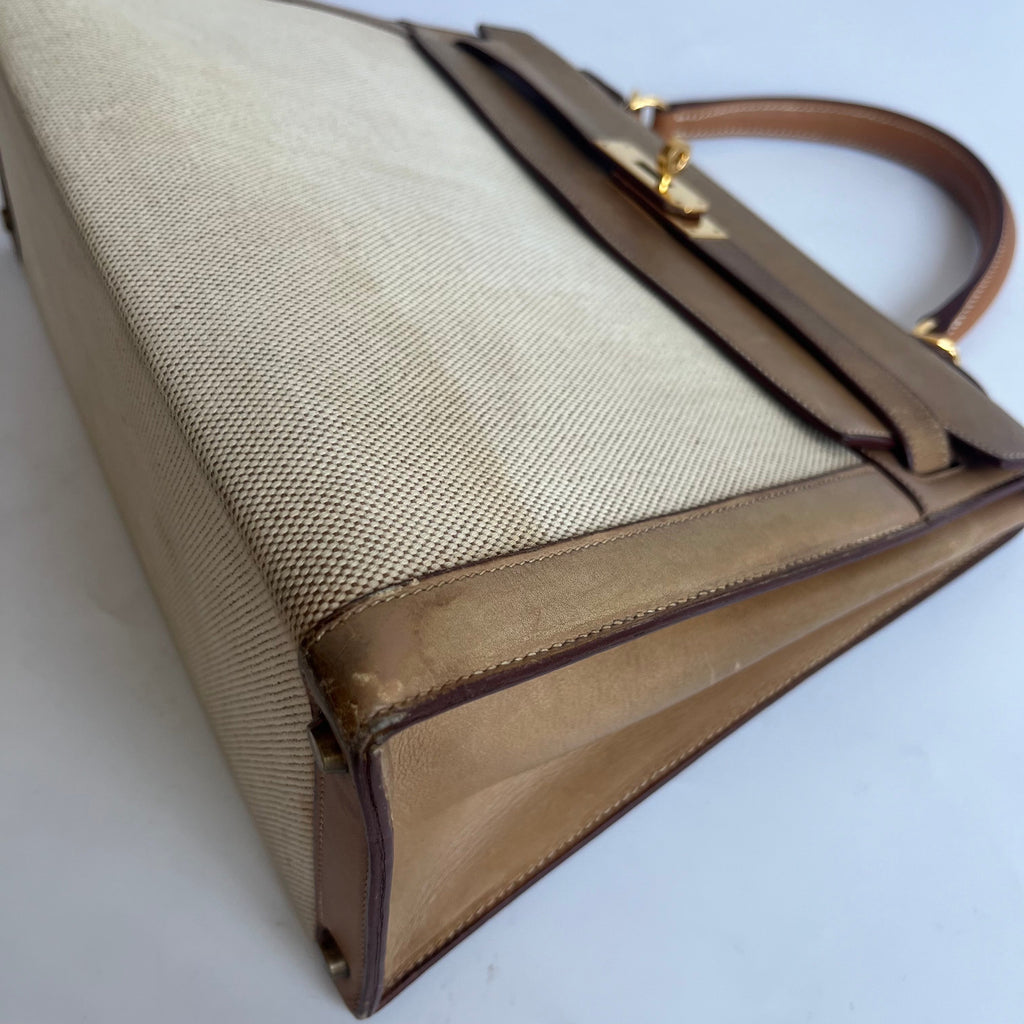 Hermes Kelly 32 Sellier Vintage Natural Leather and Canvas Gold Hardware
