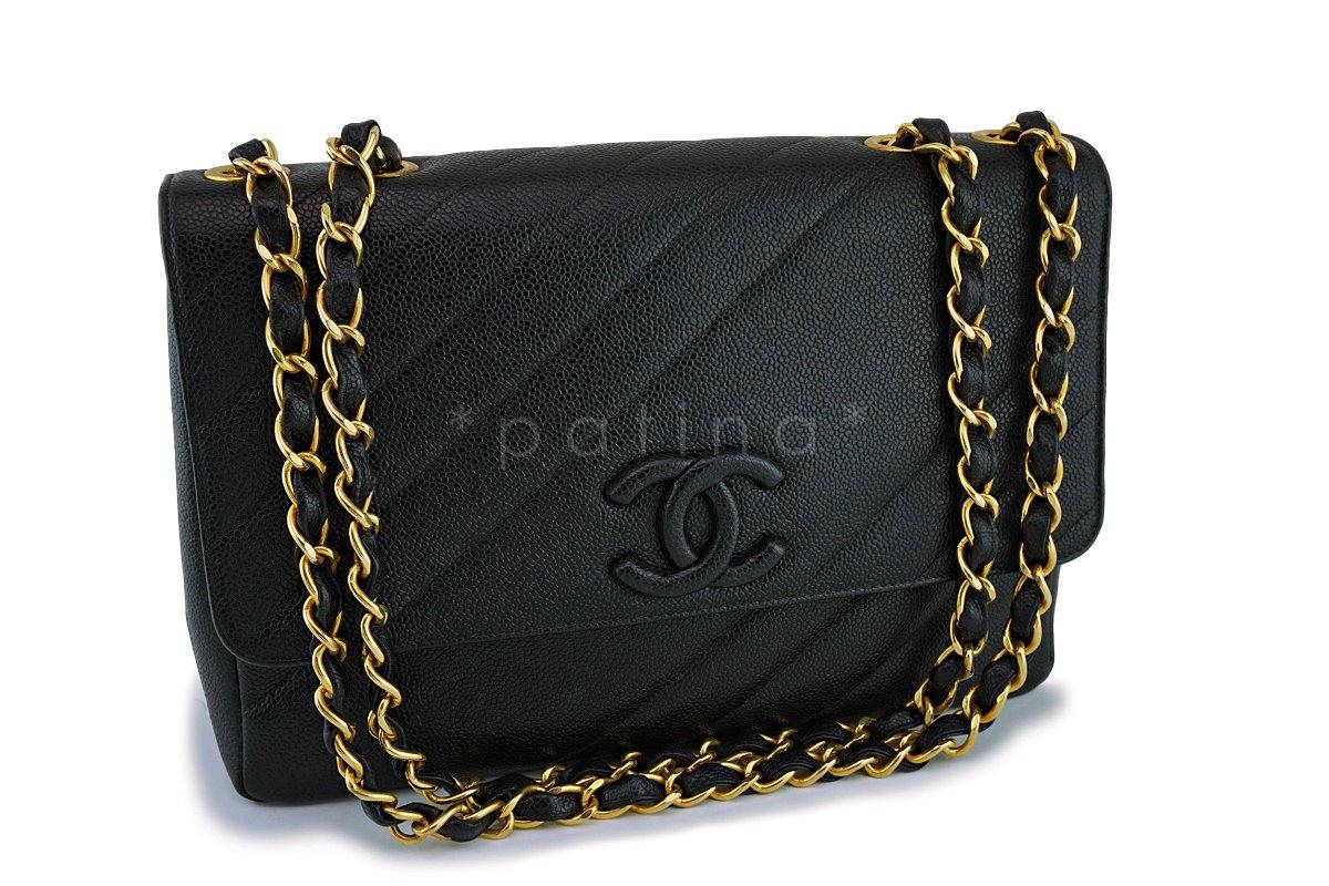 Chanel Black Quilted Vintage Caviar Logo Jumbo Flap Bag 24K GHW