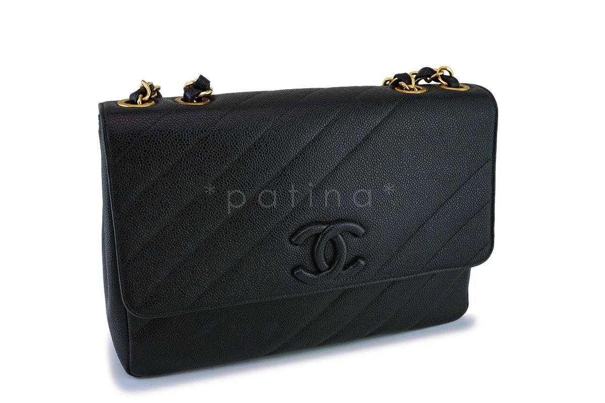 Chanel Black Quilted Vintage Caviar Logo Jumbo Flap Bag 24K GHW