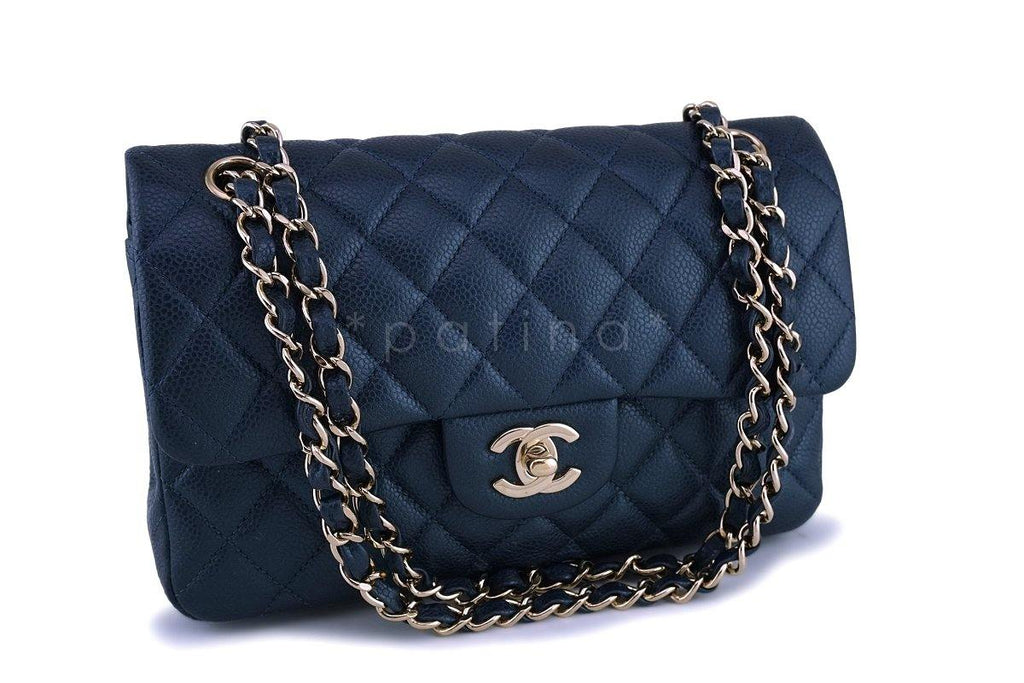 18S Chanel Caviar Iridescent Blue Small Classic Double Flap Bag GHW