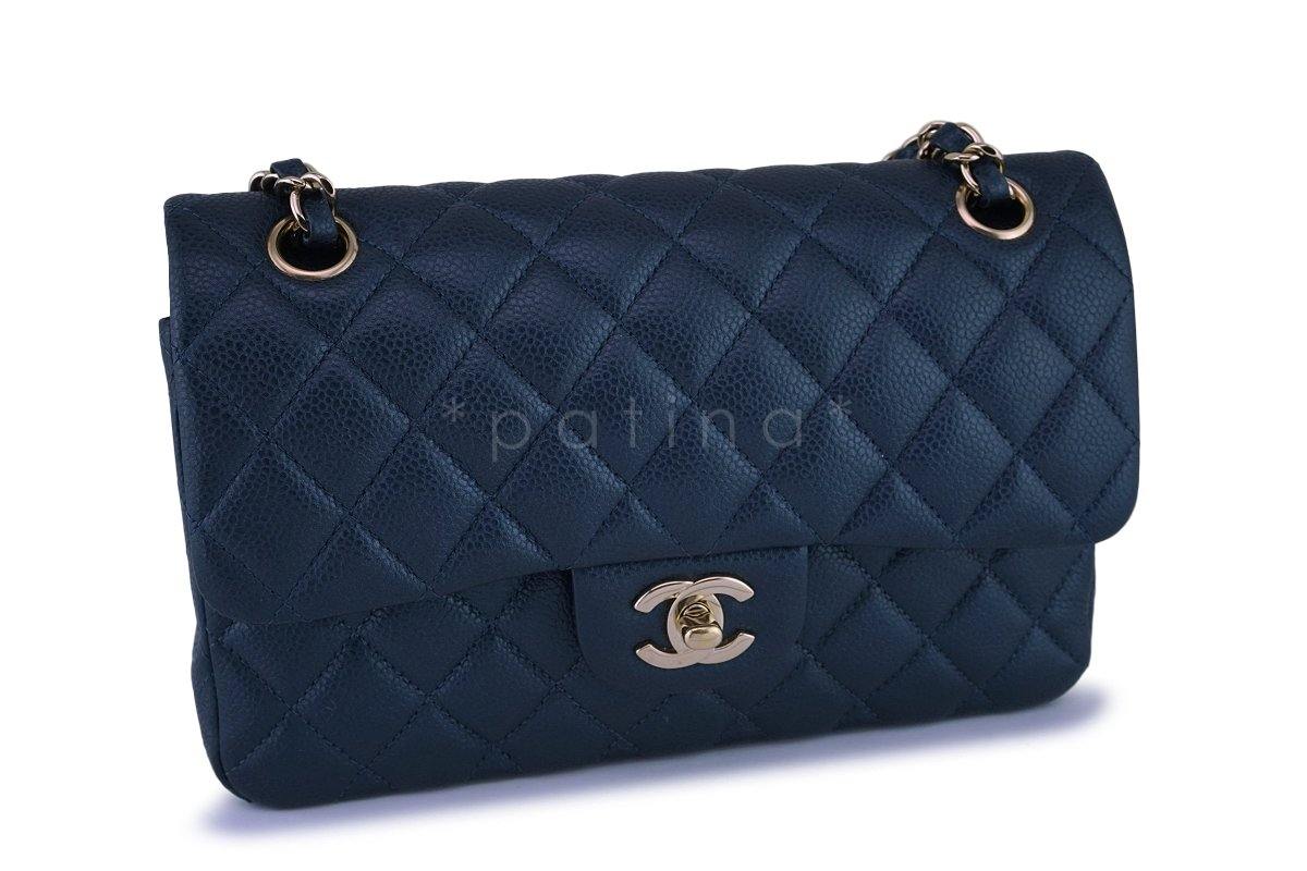 18S Chanel Caviar Iridescent Blue Small Classic Double Flap Bag GHW