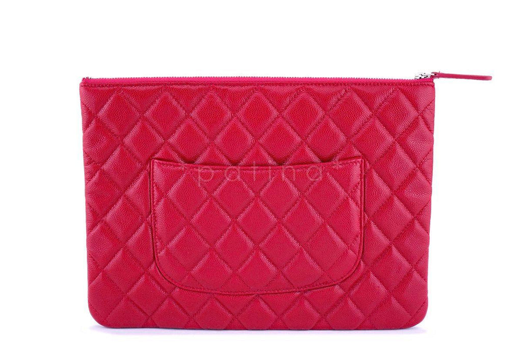 NIB 18B Chanel "Dark Pink" Caviar Red O Case Clutch Pouch Bag SHW