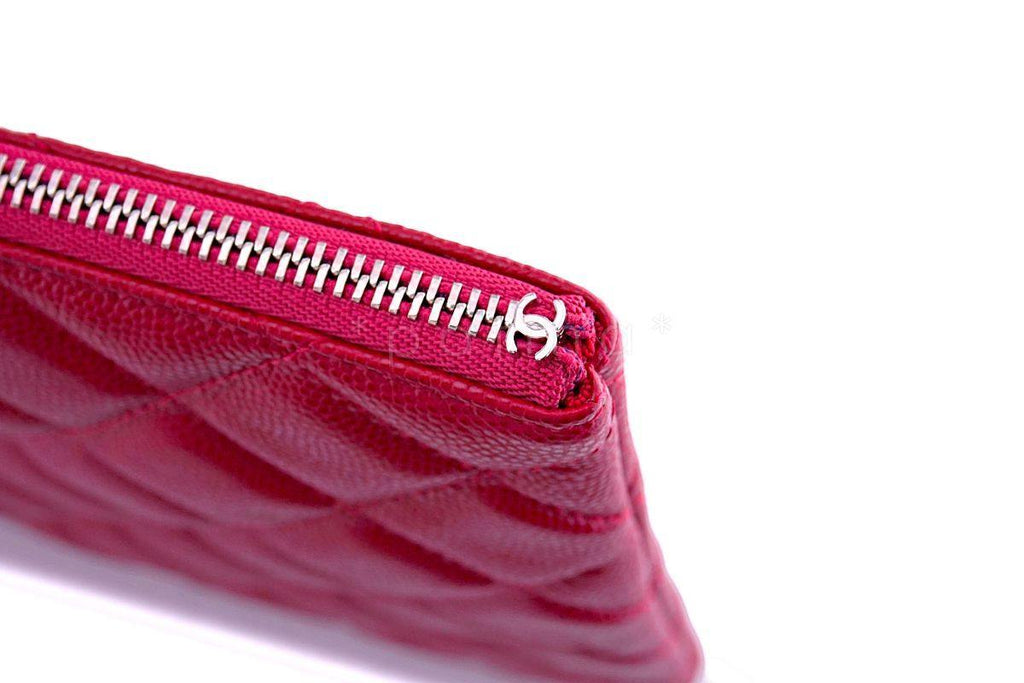 NIB 18B Chanel "Dark Pink" Caviar Red O Case Clutch Pouch Bag SHW