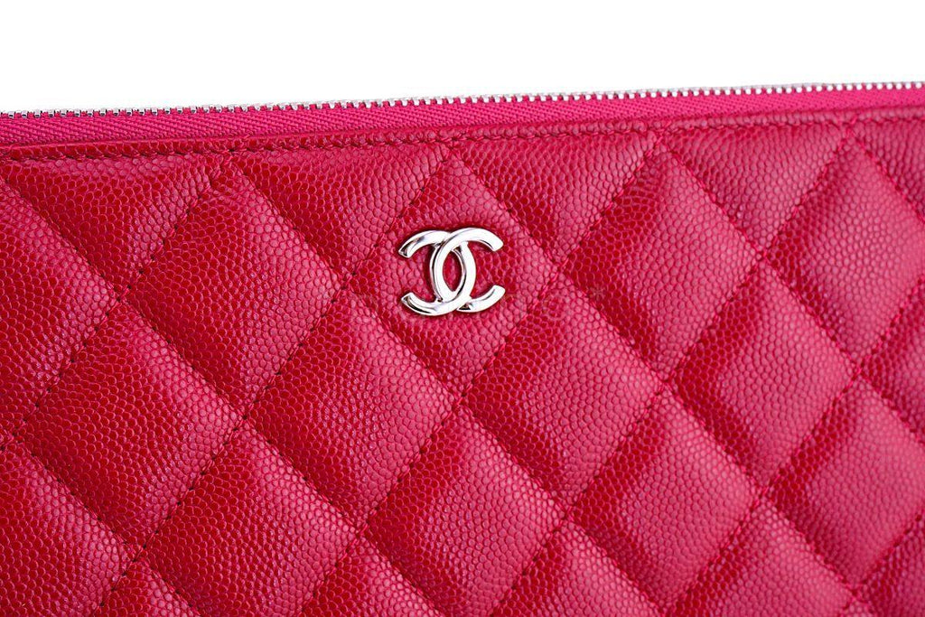 NIB 18B Chanel "Dark Pink" Caviar Red O Case Clutch Pouch Bag SHW