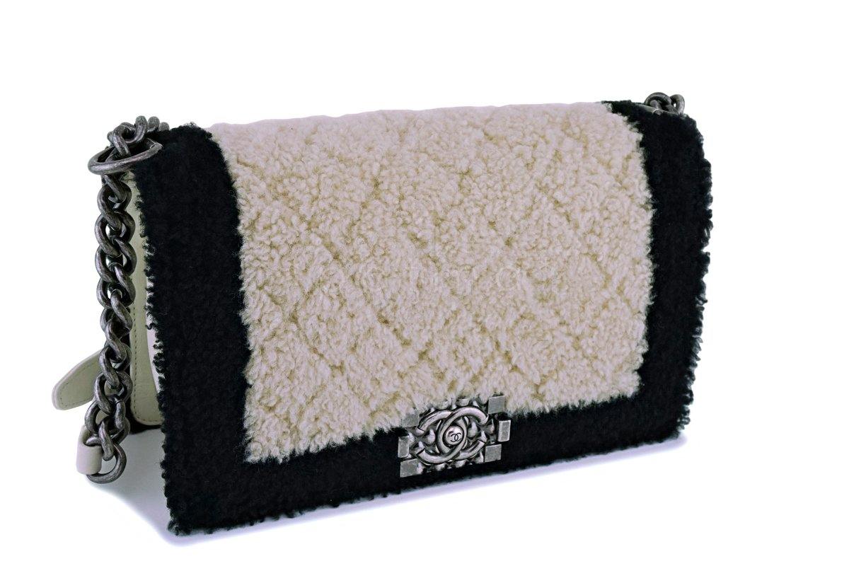 15A Chanel Medium Black/Cream Shearling Classic Boy Flap Bag RHW