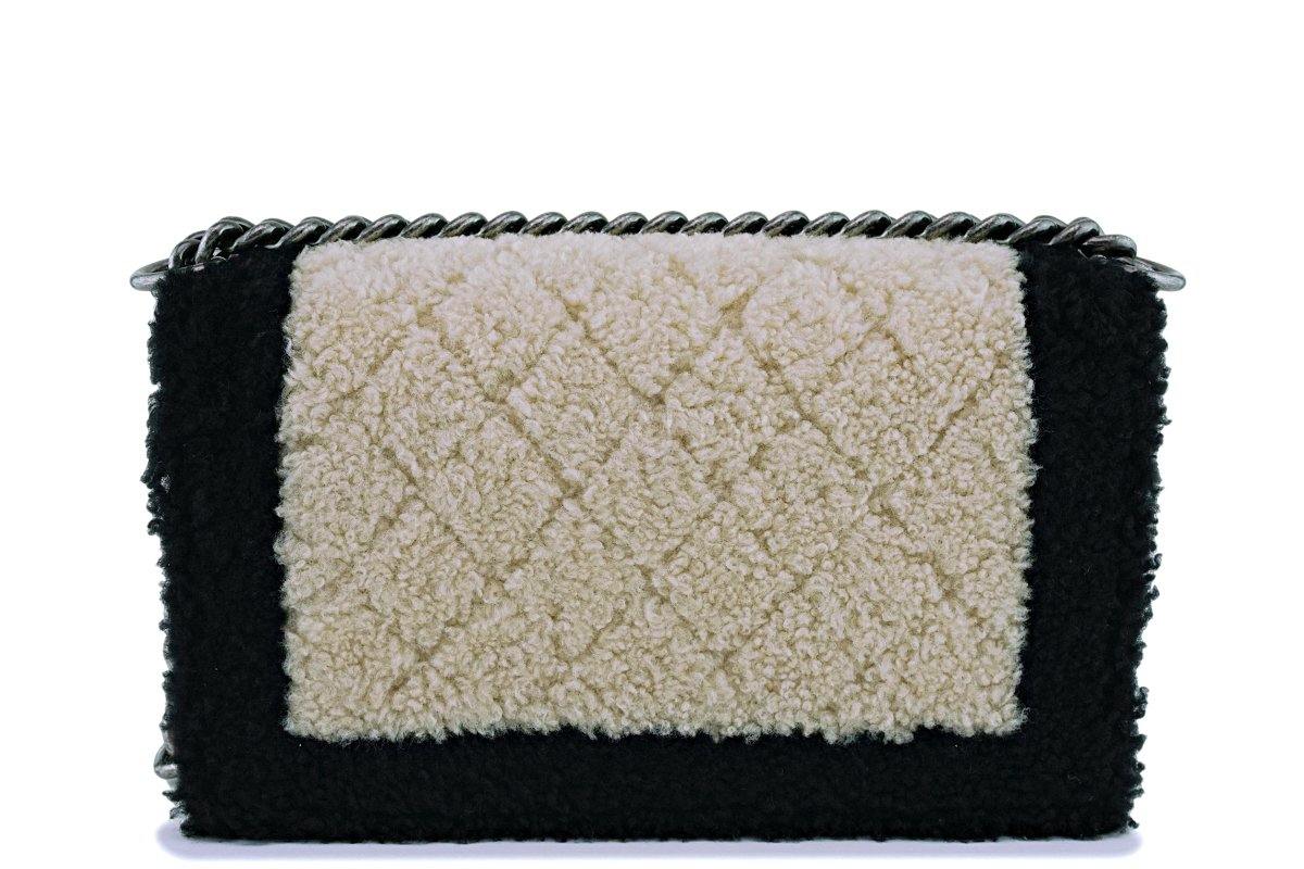15A Chanel Medium Black/Cream Shearling Classic Boy Flap Bag RHW