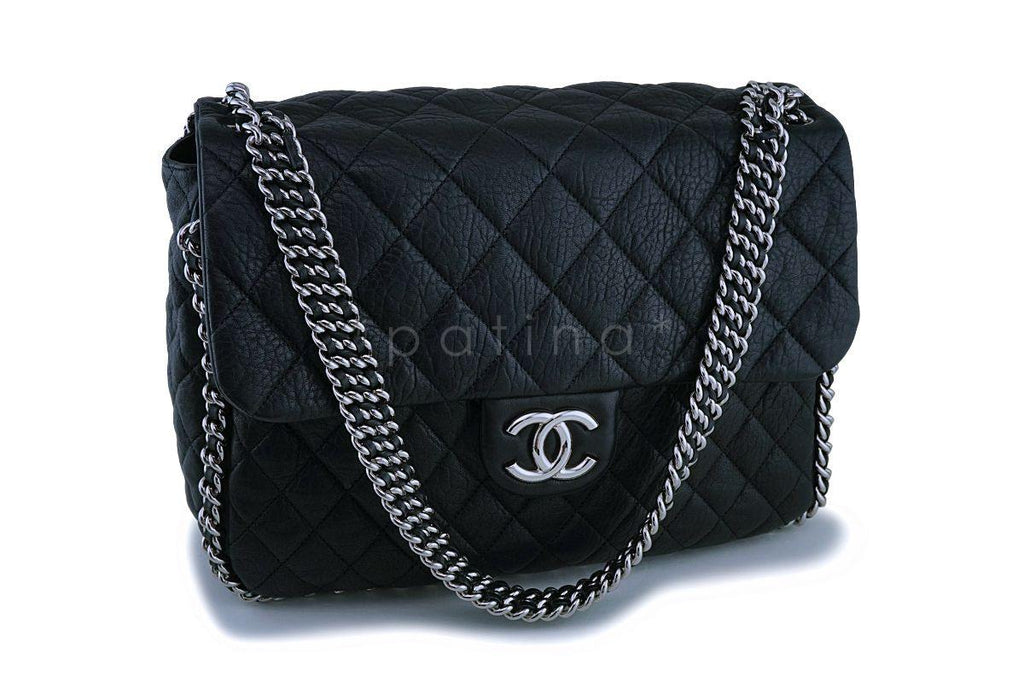 Chanel Black Calfskin Maxi Jumbo XL Luxe Chain Around Flap Bag SHW