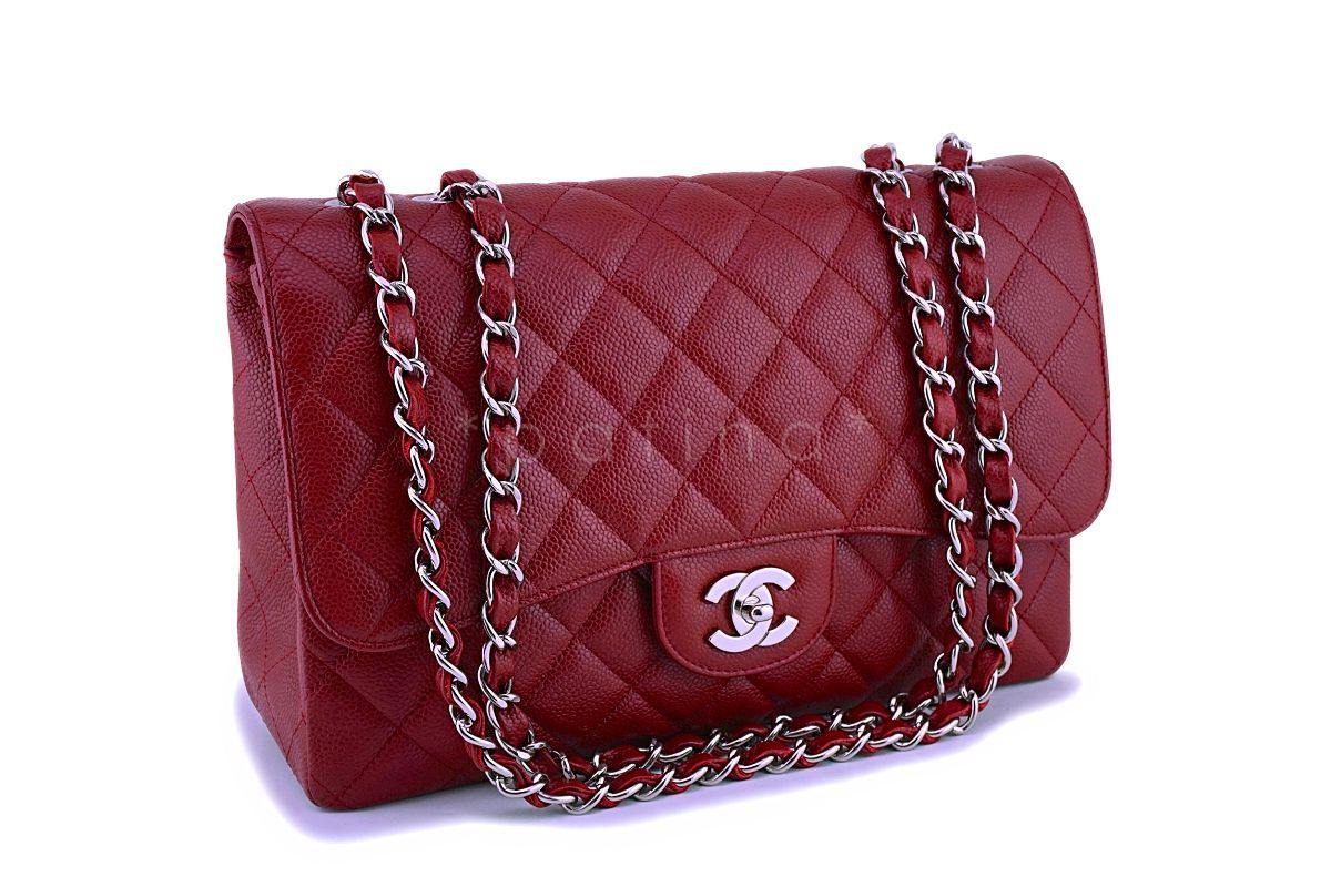 09C Chanel Dark Red Caviar Classic Jumbo Flap Bag SHW