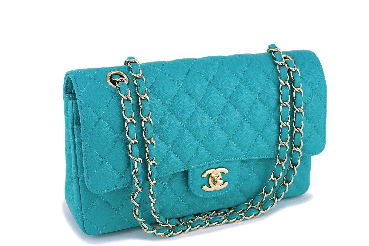 17C Chanel Turquoise Blue Caviar Medium Classic Double Flap Bag GHW