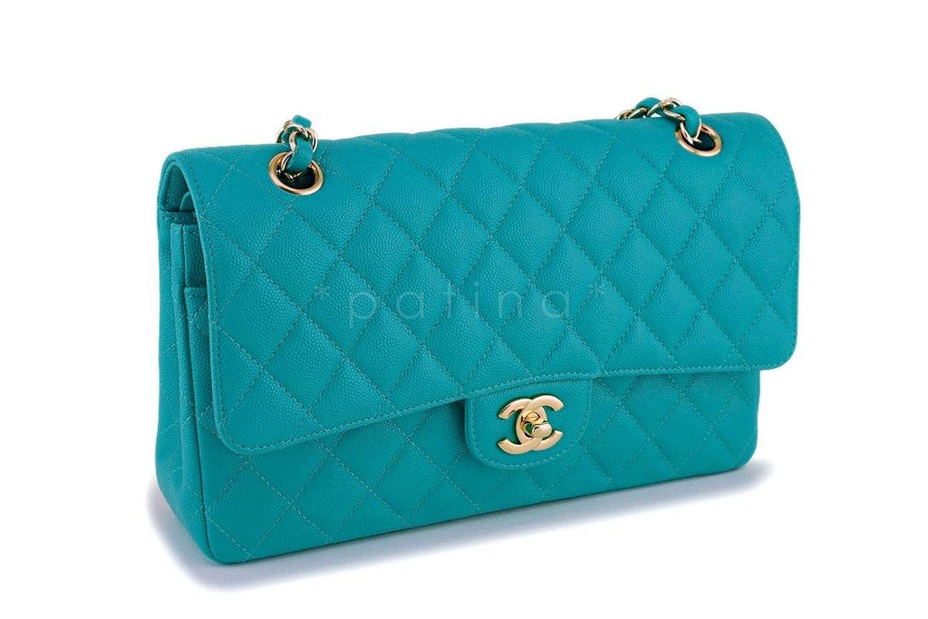 17C Chanel Turquoise Blue Caviar Medium Classic Double Flap Bag GHW