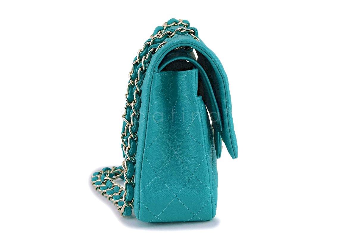 17C Chanel Turquoise Blue Caviar Medium Classic Double Flap Bag GHW