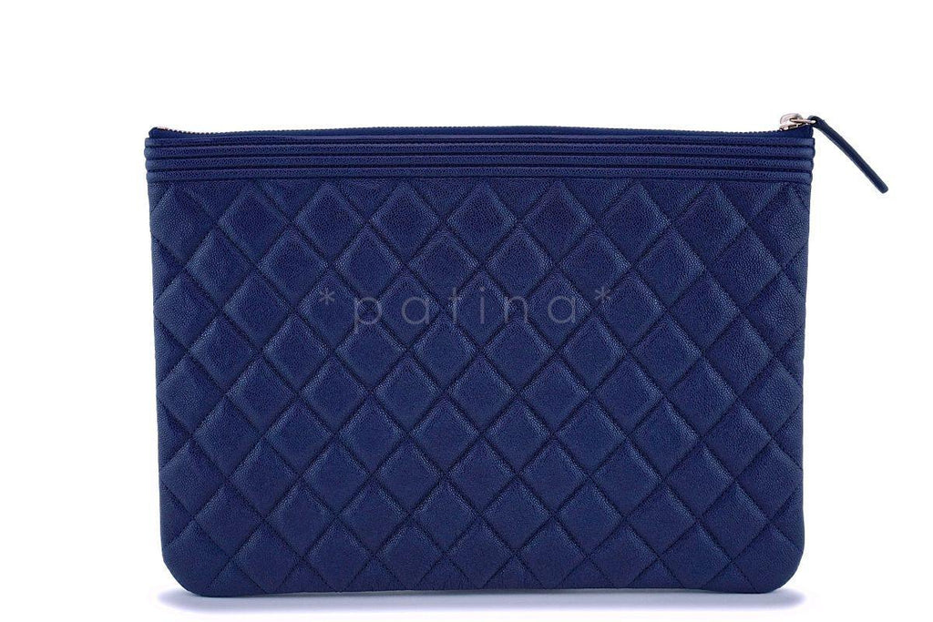NIB 19C Chanel Indigo Blue Caviar Quilted Boy O Case Clutch Pouch Bag