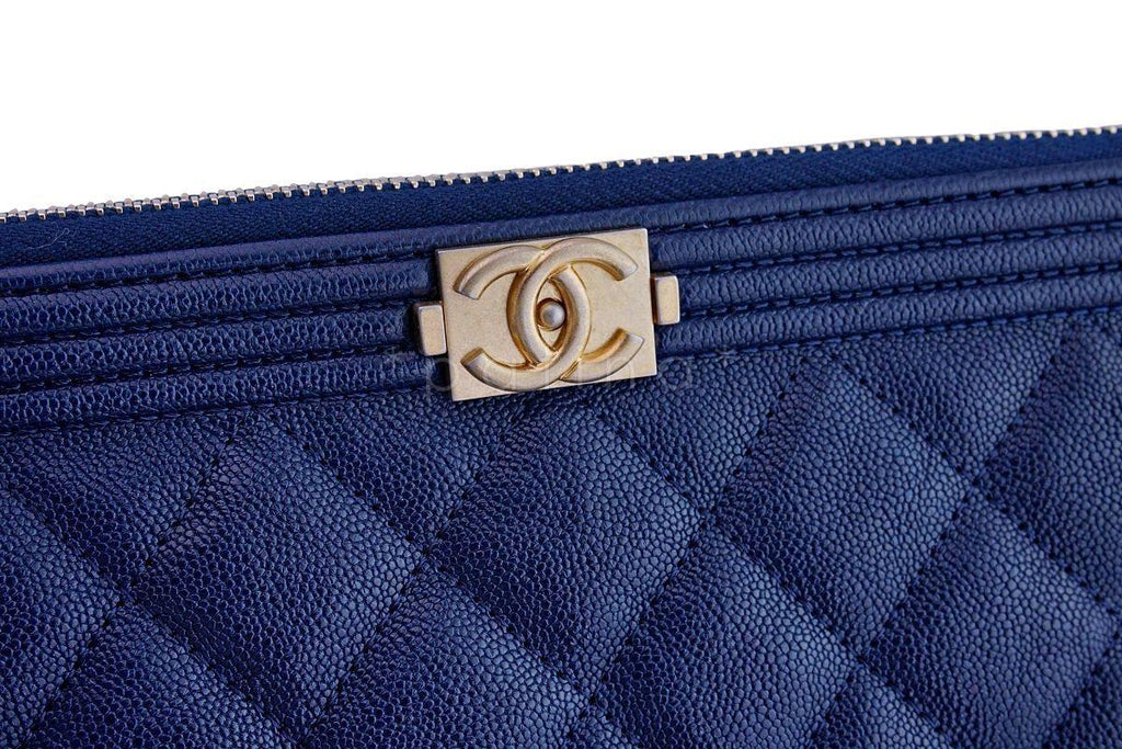 NIB 19C Chanel Indigo Blue Caviar Quilted Boy O Case Clutch Pouch Bag