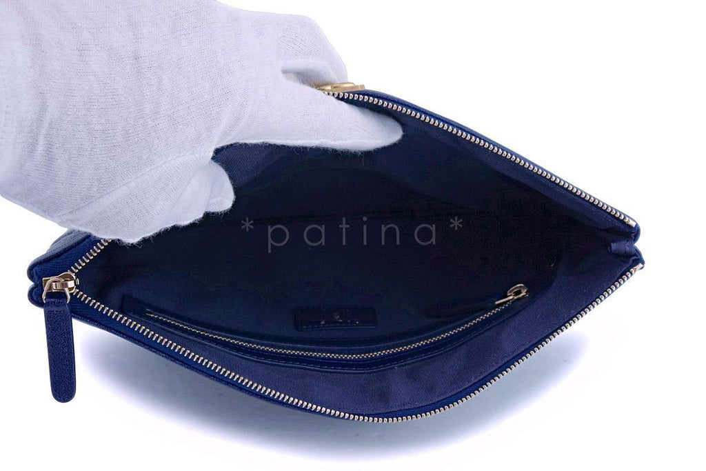 NIB 19C Chanel Indigo Blue Caviar Quilted Boy O Case Clutch Pouch Bag