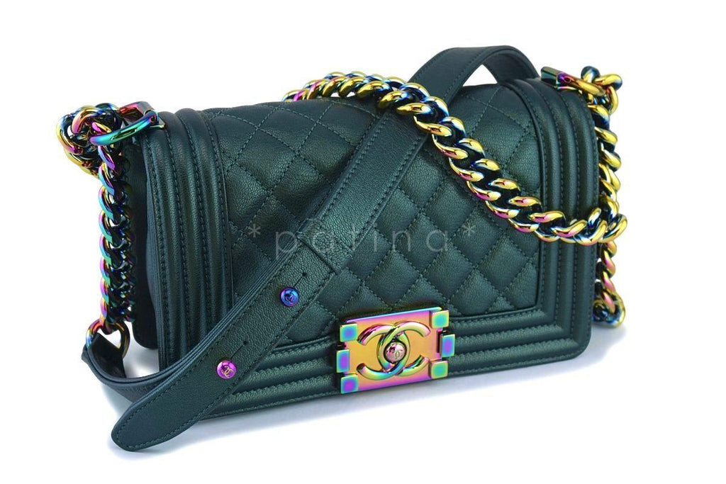 16C Chanel Iridescent Emerald Green Small Boy Classic Flap Bag Rainbow HW