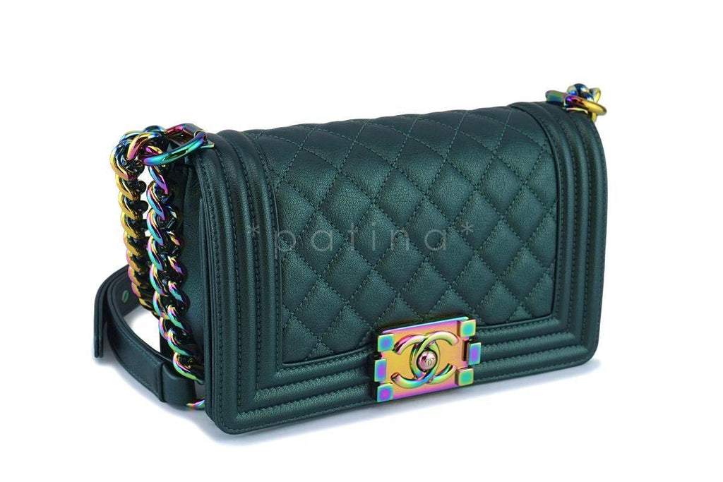 16C Chanel Iridescent Emerald Green Small Boy Classic Flap Bag Rainbow HW