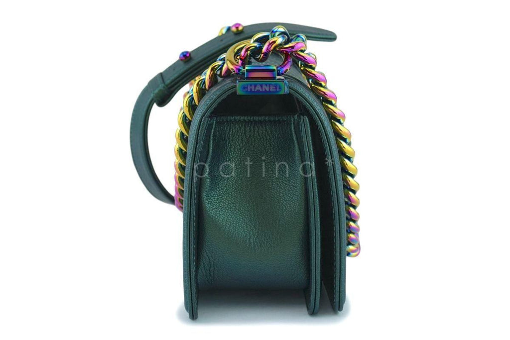16C Chanel Iridescent Emerald Green Small Boy Classic Flap Bag Rainbow HW