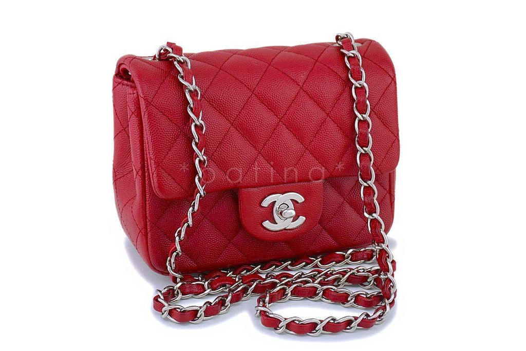 17B Chanel Red Caviar Square Mini Classic Flap Bag SHW