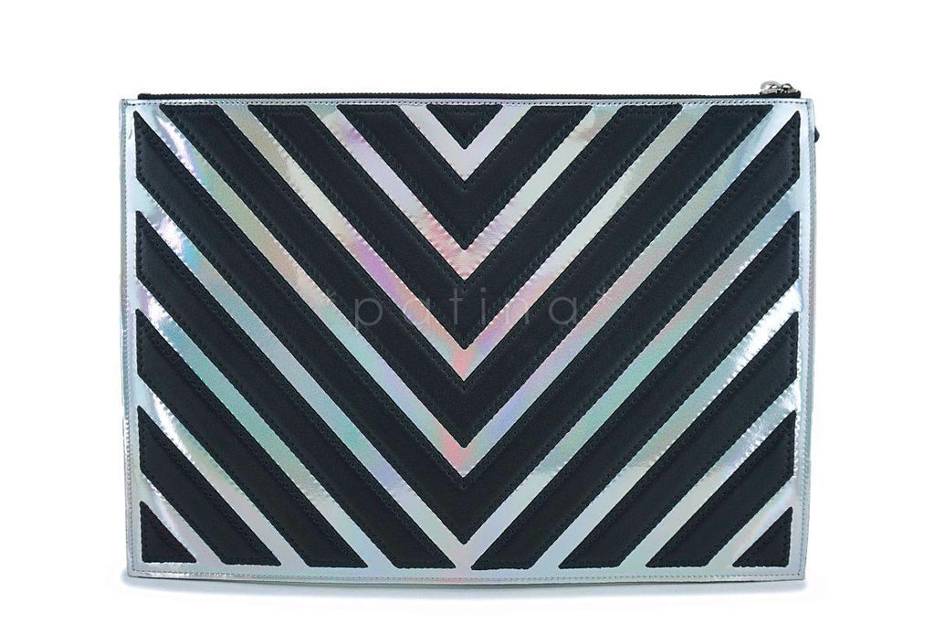 Chanel Medium-Large Iridescent Black Silver O Case Clutch Pouch Bag