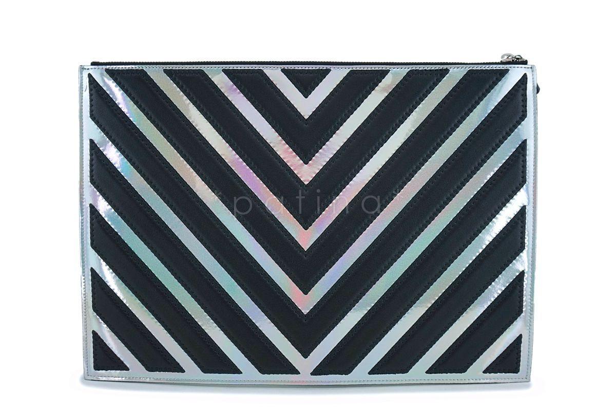 Chanel Medium-Large Iridescent Black Silver O Case Clutch Pouch Bag