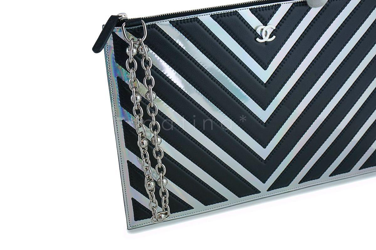 Chanel Medium-Large Iridescent Black Silver O Case Clutch Pouch Bag