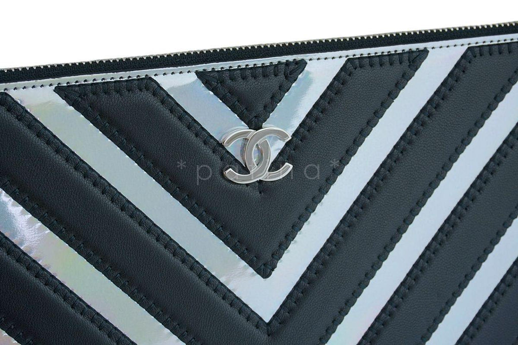 Chanel Medium-Large Iridescent Black Silver O Case Clutch Pouch Bag