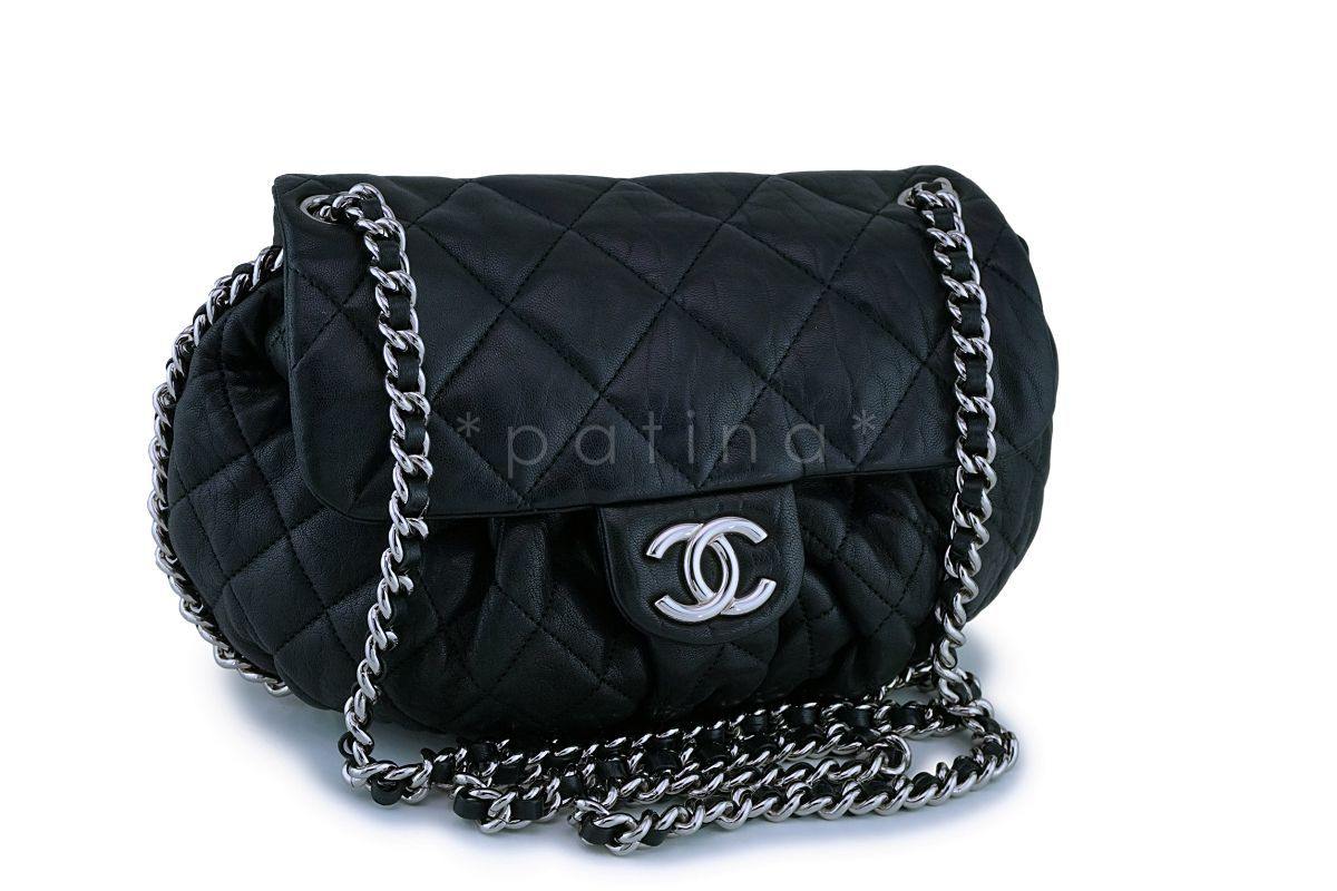 Chanel Black Textured Calf Medium Chain Around Crossbody Flap Bag SHW