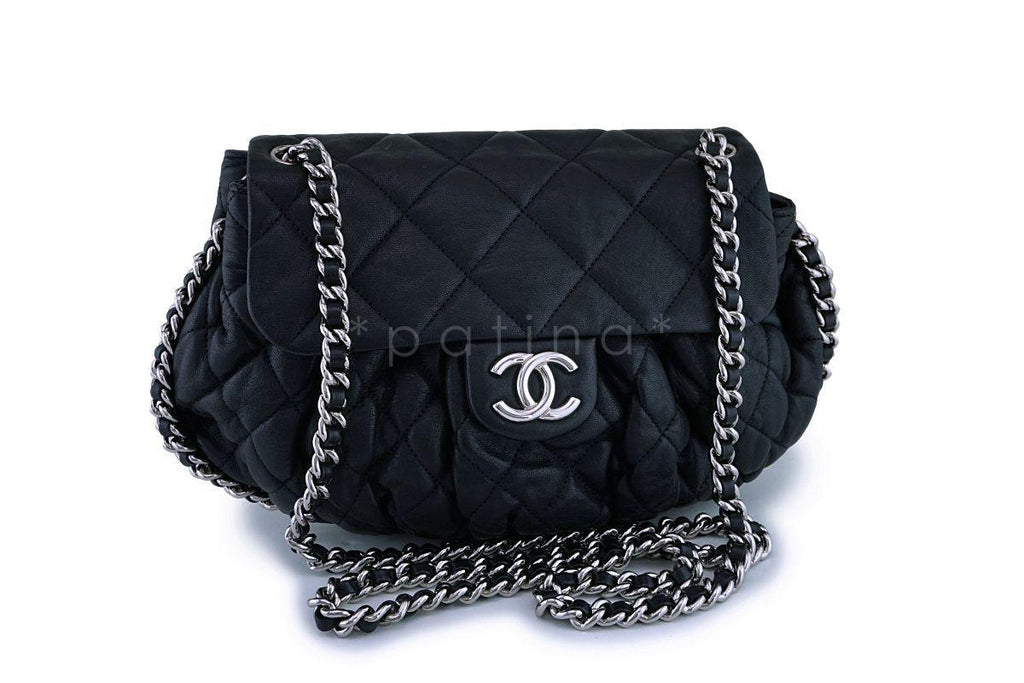Chanel Black Textured Calf Medium Chain Around Crossbody Flap Bag SHW