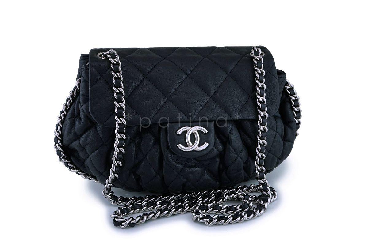 Chanel Black Textured Calf Medium Chain Around Crossbody Flap Bag SHW