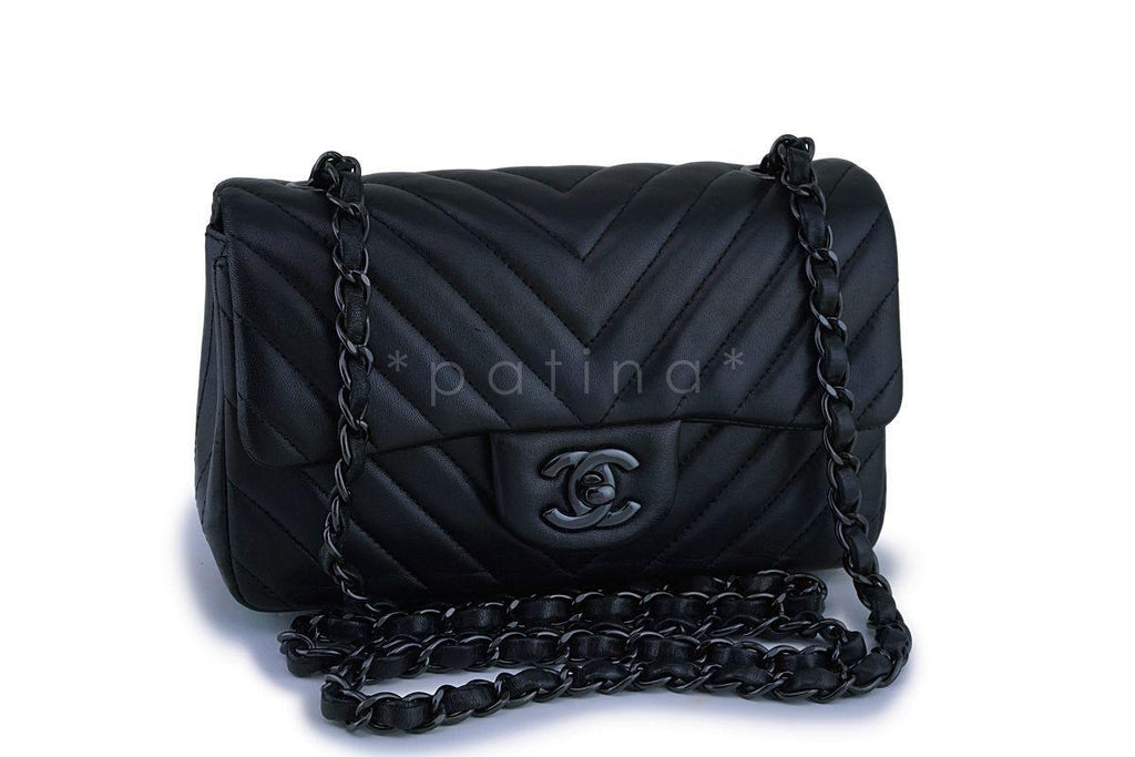 15S Chanel So Black Lambskin Chevron Rectangular Mini Flap Bag