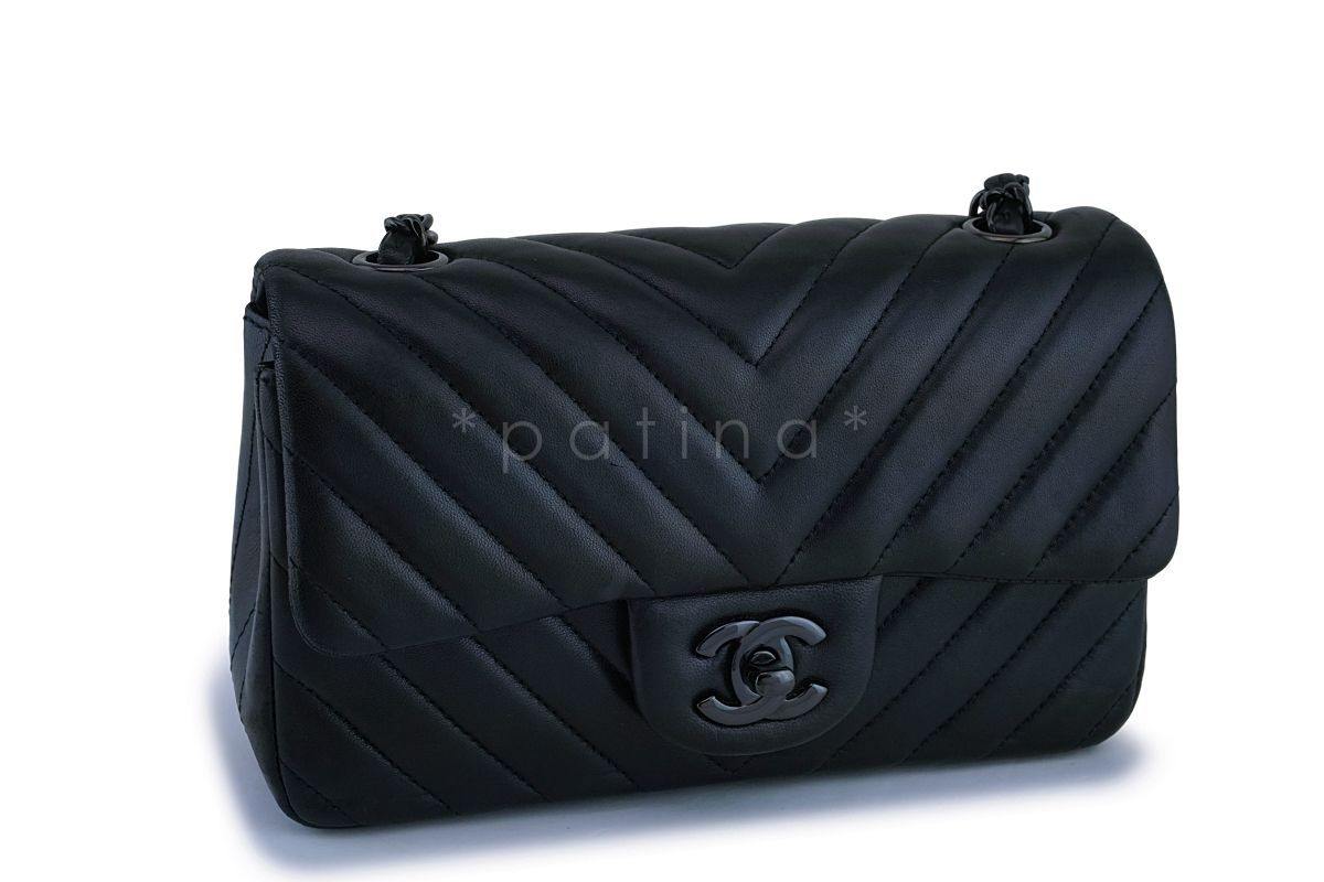 15S Chanel So Black Lambskin Chevron Rectangular Mini Flap Bag