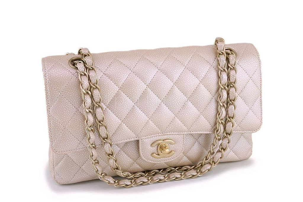 12P Chanel Pearl Beige-White Caviar Medium Classic Double Flap Bag GHW