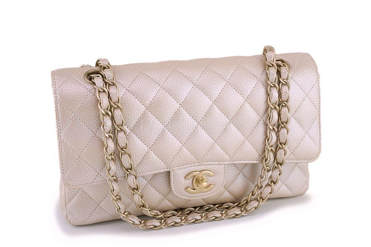 12P Chanel Pearl Beige-White Caviar Medium Classic Double Flap Bag GHW