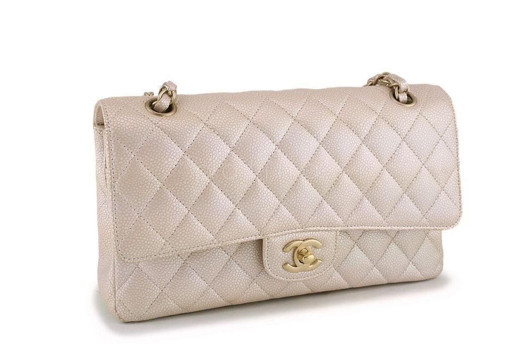 12P Chanel Pearl Beige-White Caviar Medium Classic Double Flap Bag GHW