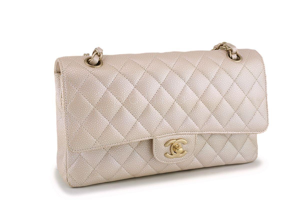 12P Chanel Pearl Beige-White Caviar Medium Classic Double Flap Bag GHW