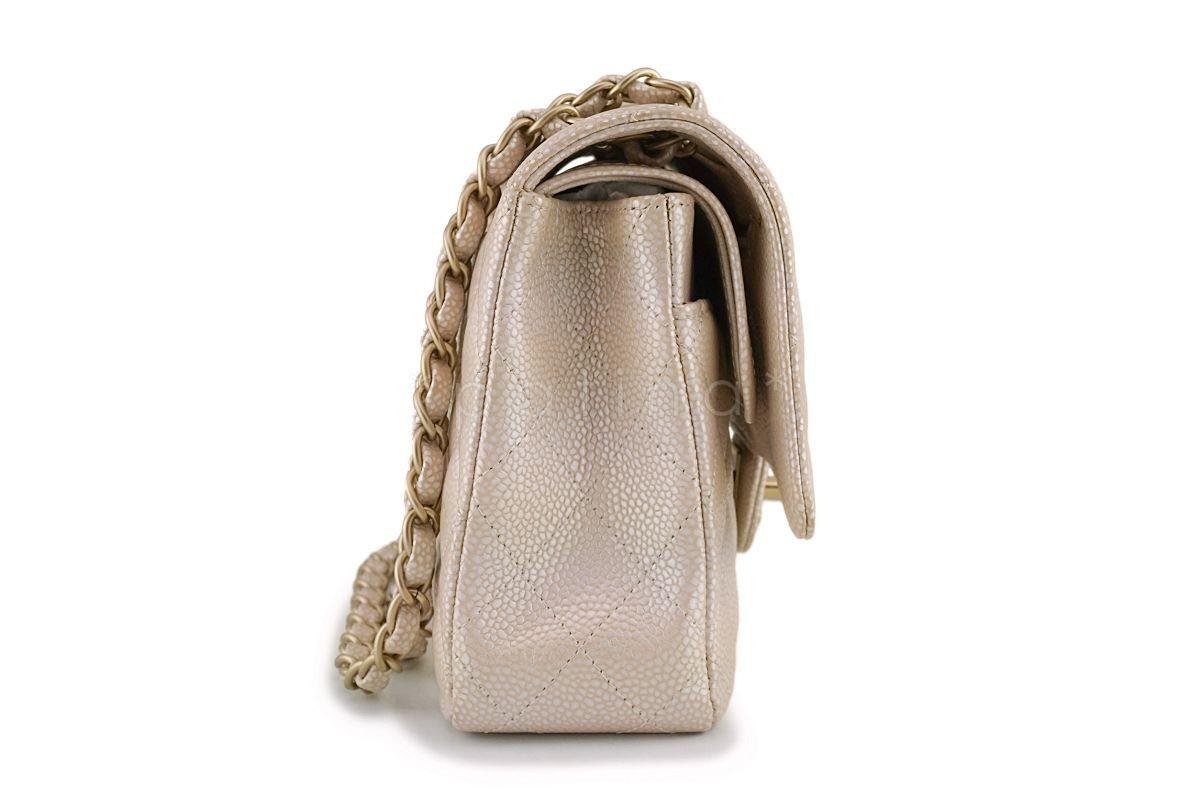 12P Chanel Pearl Beige-White Caviar Medium Classic Double Flap Bag GHW