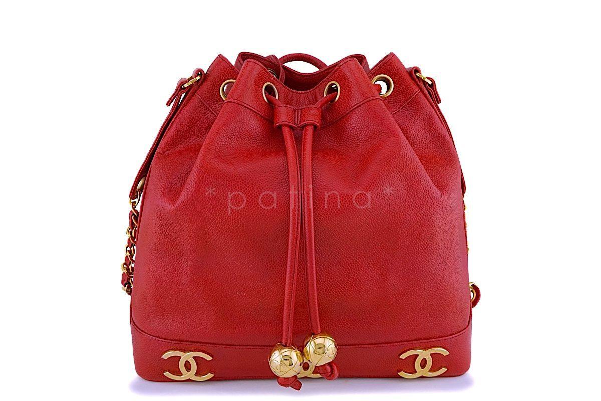 Chanel Vintage Red Caviar CC Drawstring Bucket Bag 24k GHW