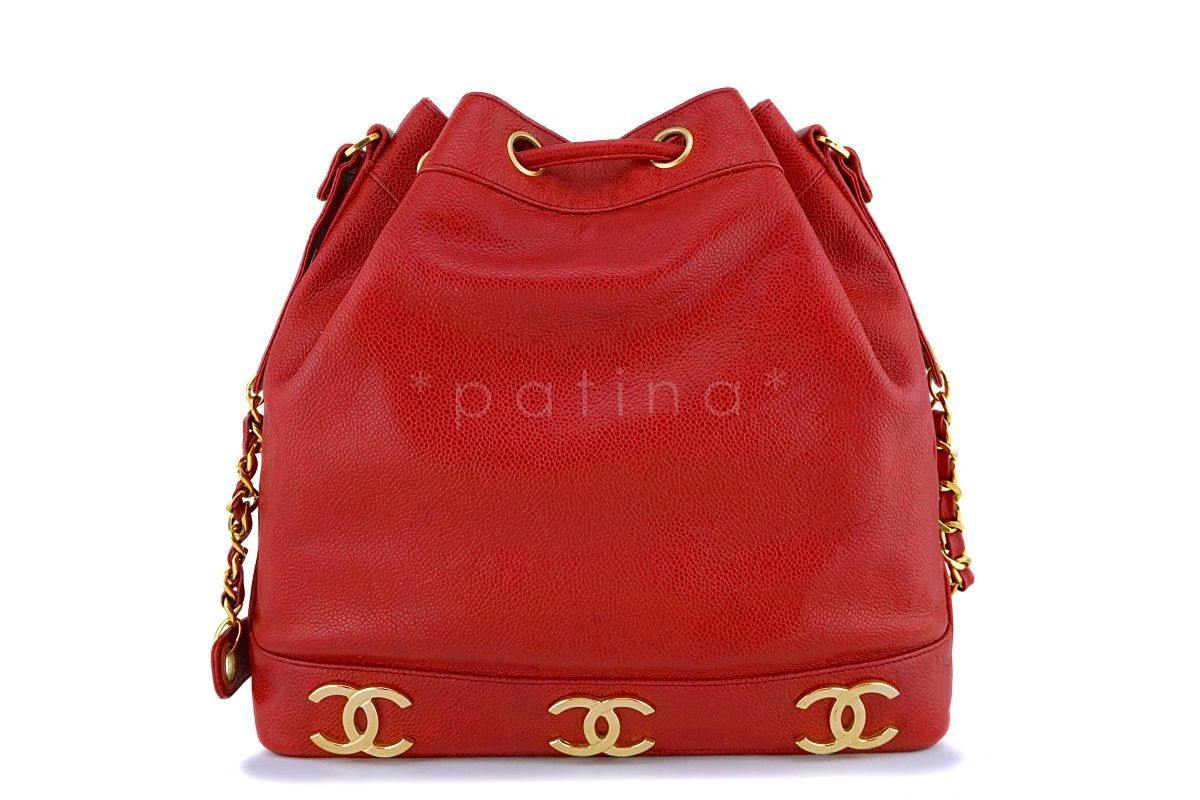 Chanel Vintage Red Caviar CC Drawstring Bucket Bag 24k GHW