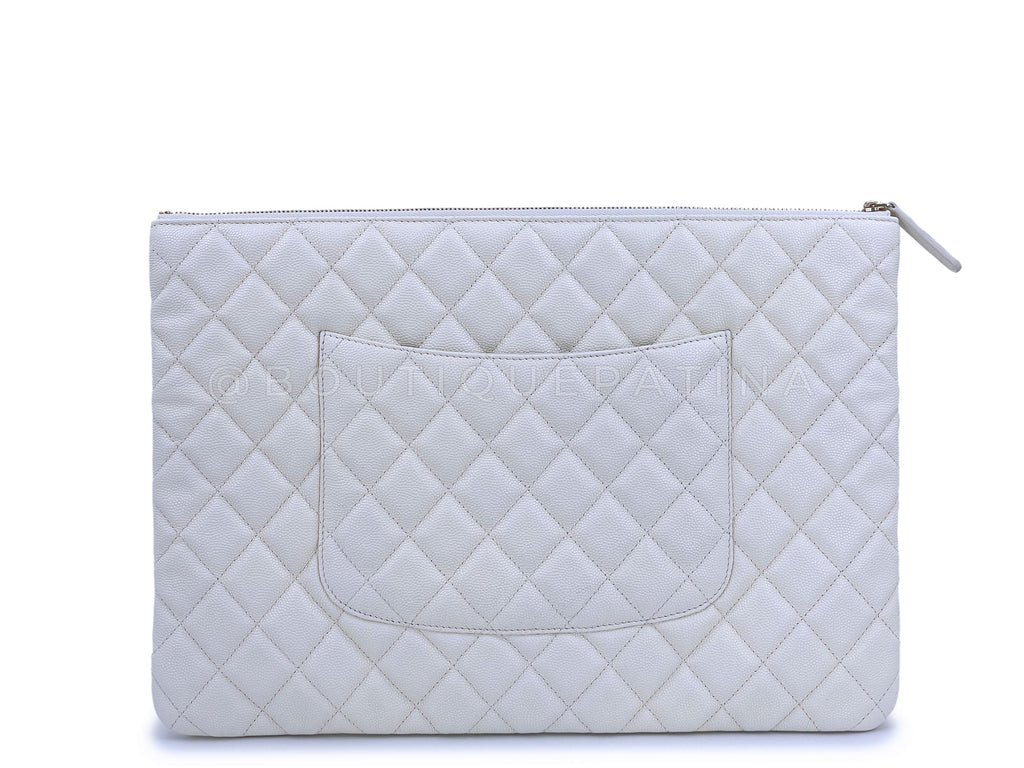 NIB 19C Chanel Creamy White Caviar Large Quilted O Case Clutch Bag GHW