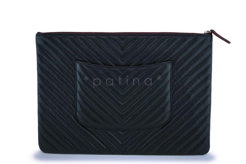 NIB 19C Chanel Black Caviar Chevron Classic Large O Case Clutch Bag