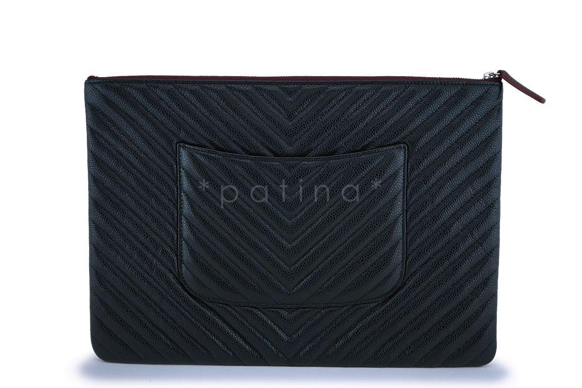 NIB 19C Chanel Black Caviar Chevron Classic Large O Case Clutch Bag