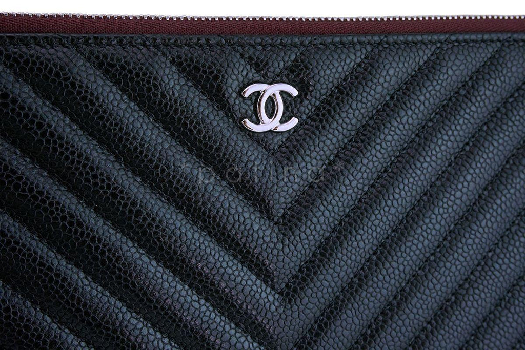 NIB 19C Chanel Black Caviar Chevron Classic Large O Case Clutch Bag