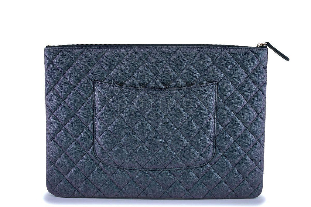 NIB 19S Chanel Iridescent Black Pearly CC Caviar Large O Case Clutch Bag